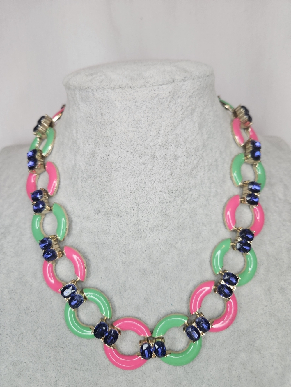 Colorful Statement Necklace Pink Green Links Blue Rhinestones Bold 17" Unsigned